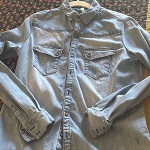 TAGS boutique double breasted light wash distressed faded denim shirt small